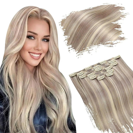 Extensions de cheveux à clip blond platine lisses et naturelles pour femme élégante