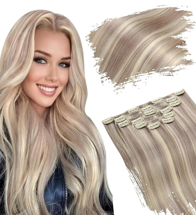 Extensions de cheveux à clip blond platine lisses et naturelles pour femme élégante