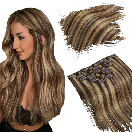 Extensions à clip brunes balayage caramel pour volume et longueur naturels