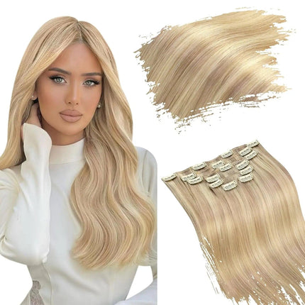 Extension de cheveux clip-in longue et lisse couleur blonde cendrée pour un look naturel