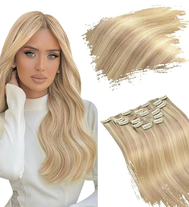 Extension de cheveux clip-in longue et lisse couleur blonde cendrée pour un look naturel