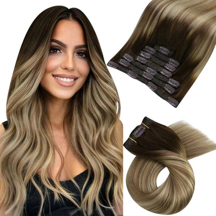 Extensions de cheveux clip-in longs naturels raides couleur châtain clair pour femme