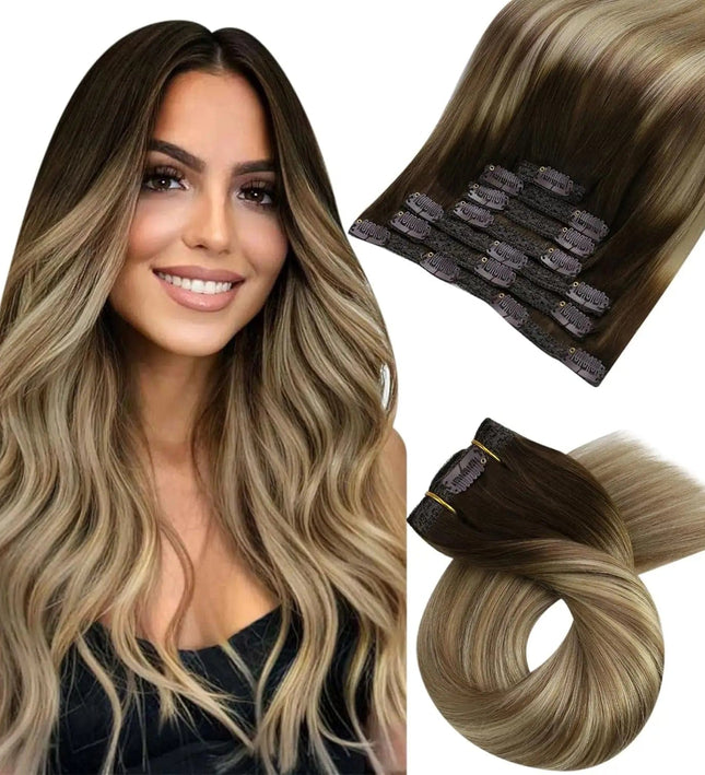 Extensions de cheveux clip-in longs naturels raides couleur châtain clair pour femme