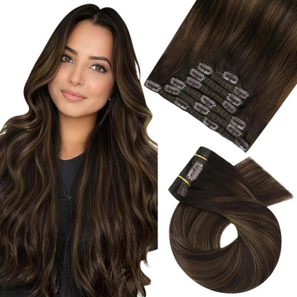 Extension de cheveux naturelle brun long ondulé à clip pour un look élégant et naturel