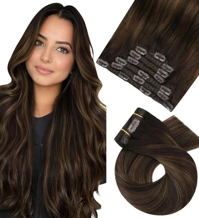 Extension de cheveux naturelle brun long ondulé à clip pour un look élégant et naturel