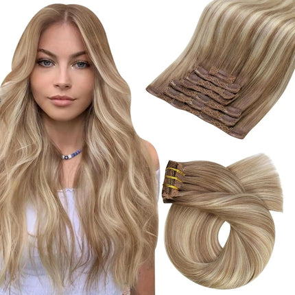 Extensions de cheveux naturels ondulés à clip couleur blond miel pour femme