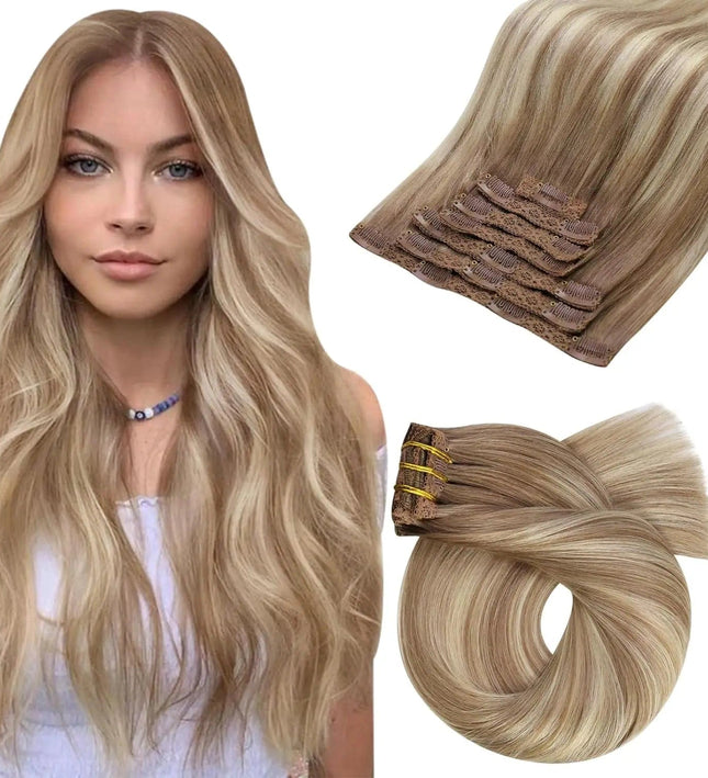 Extensions de cheveux naturels ondulés à clip couleur blond miel pour femme