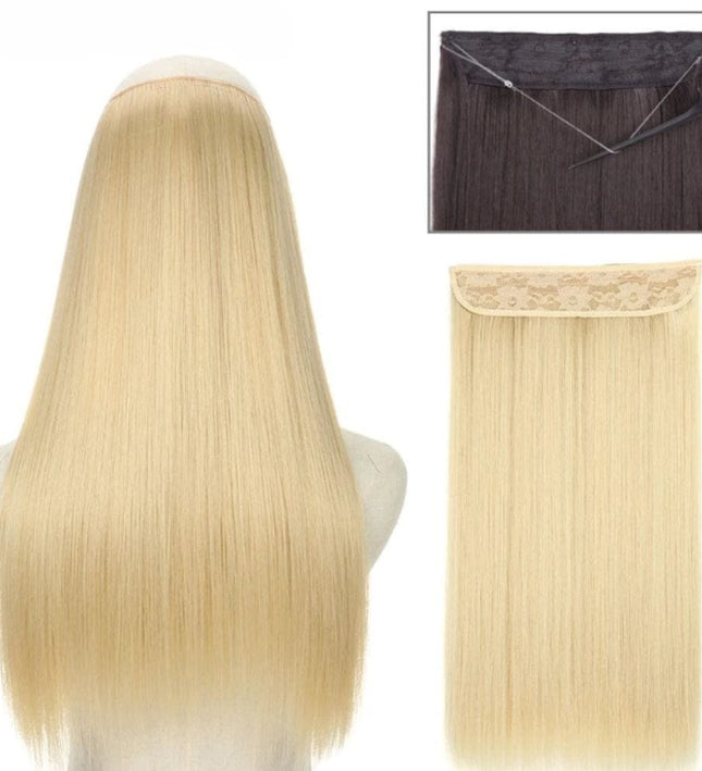 Extension capillaire synthétique blonde sur fil invisible pour un look élégant et naturel.