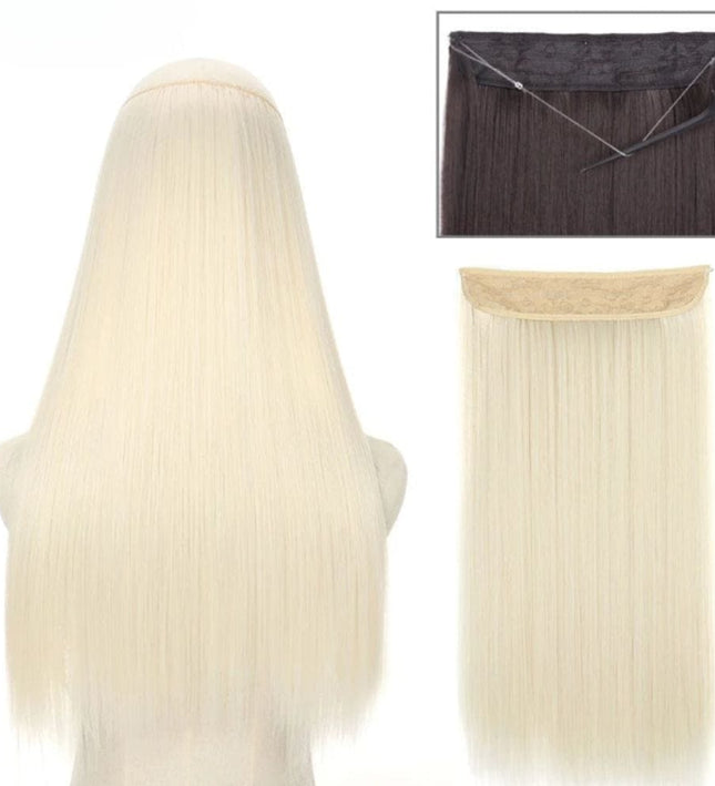 Extension cheveux synthétiques blanche sur fil invisible pour un style lisse et naturel.