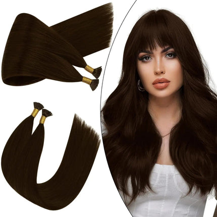 Extensions kératine longues et raides en cheveux naturels brun pour un look lisse et élégant.