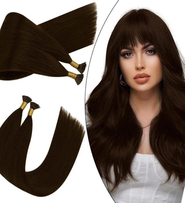 Extensions kératine longues et raides en cheveux naturels brun pour un look lisse et élégant.