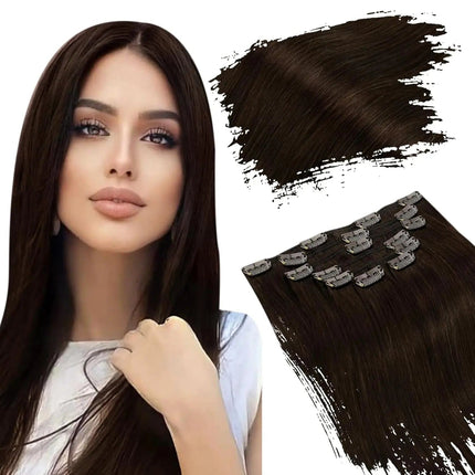 Extensions à clip cheveux longs naturels brun foncé pour un style élégant et raffiné.