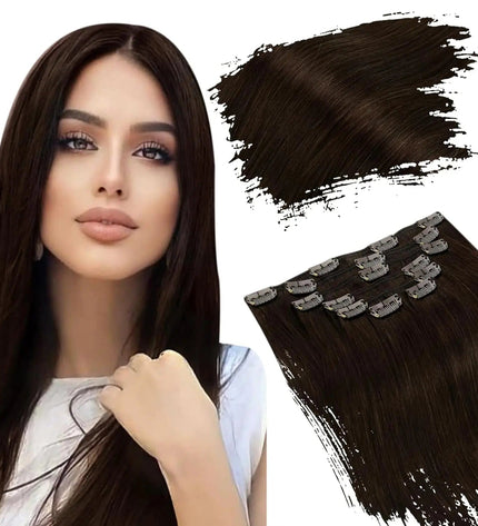 Extensions à clip cheveux longs naturels brun foncé pour un style élégant et raffiné.