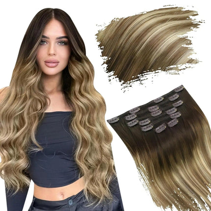 Extensions de cheveux ondulées à clip couleur châtain clair pour un look naturel et élégant