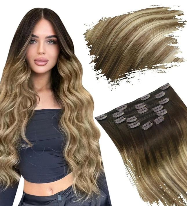 Extensions de cheveux ondulées à clip couleur châtain clair pour un look naturel et élégant