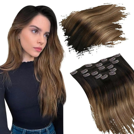 Extension clip-in cheveux longs naturels marron foncé pour un look élégant et volumineux.