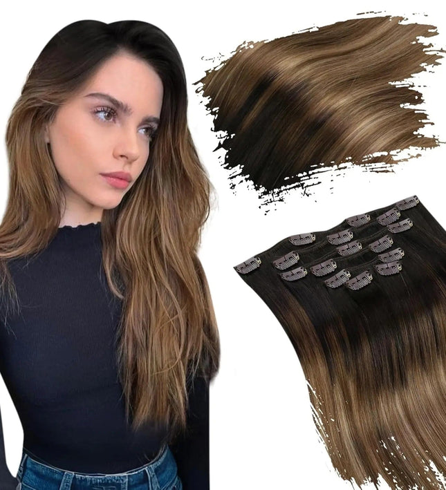 Extension clip-in cheveux longs naturels marron foncé pour un look élégant et volumineux.