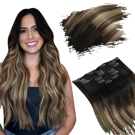 Extensions de cheveux longs à clip, ondulées, couleur châtain foncé ombré pour un look naturel