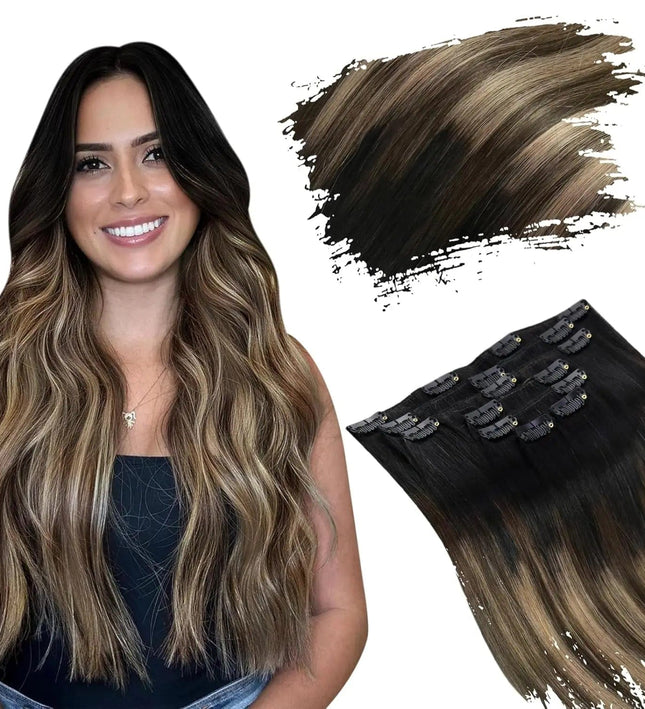 Extensions de cheveux longs à clip, ondulées, couleur châtain foncé ombré pour un look naturel