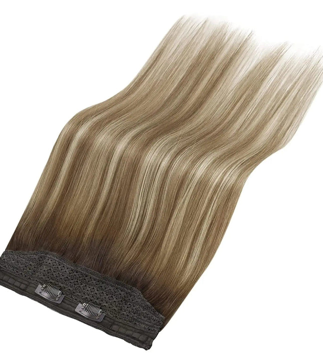 Extensions cheveux longs naturels ombrés avec fil invisible pour femme élégante.