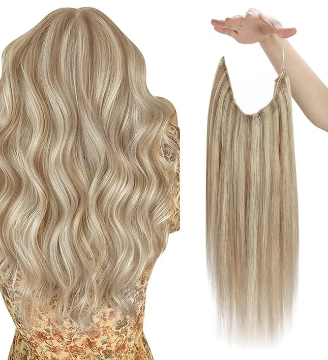 Extension de cheveux long en fil invisible couleur blonde naturelle et ondulée