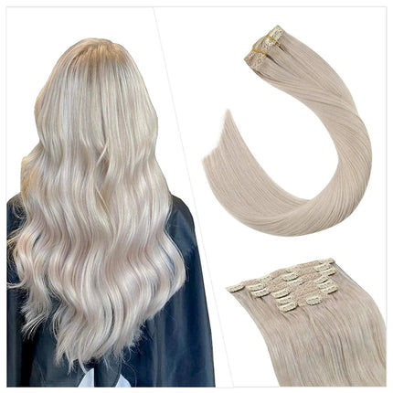 Extensions de cheveux naturels ondulés et longs couleur blonde argentée à clipser