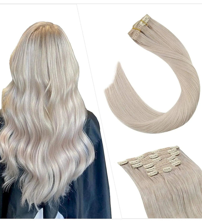 Extensions de cheveux naturels ondulés et longs couleur blonde argentée à clipser