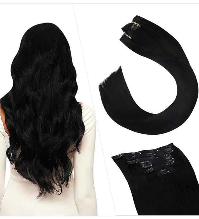 Extensions à clip cheveux longs noir ondulés pour un look naturel et élégant