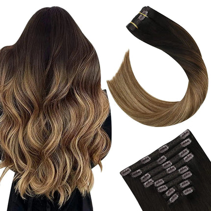 Extensions de cheveux ondulés naturelles à clip couleur châtain ombré pour volume et longueur