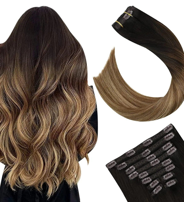 Extensions de cheveux ondulés naturelles à clip couleur châtain ombré pour volume et longueur