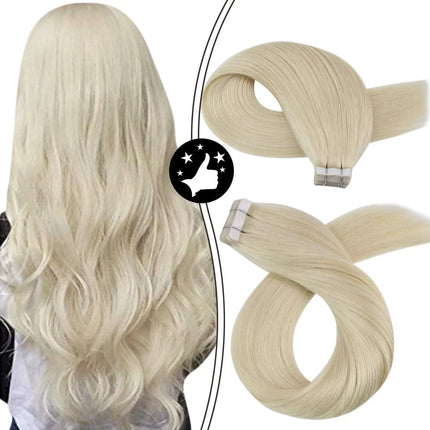 Extension de cheveux blond platine à bandes adhésives, longue et lisse pour un look naturel.