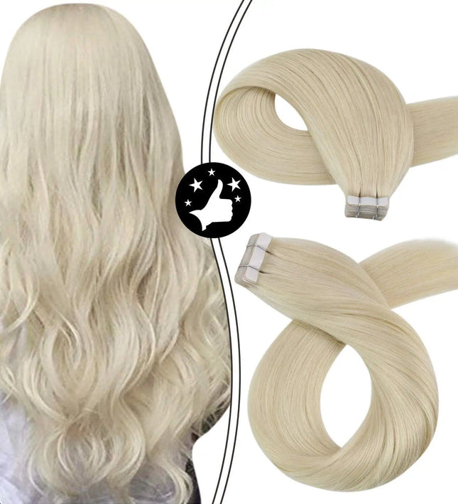 Extension de cheveux blond platine à bandes adhésives, longue et lisse pour un look naturel.