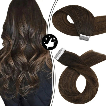 Extensions de cheveux naturels adhésives lisses et longues en couleur brun chocolat brillant