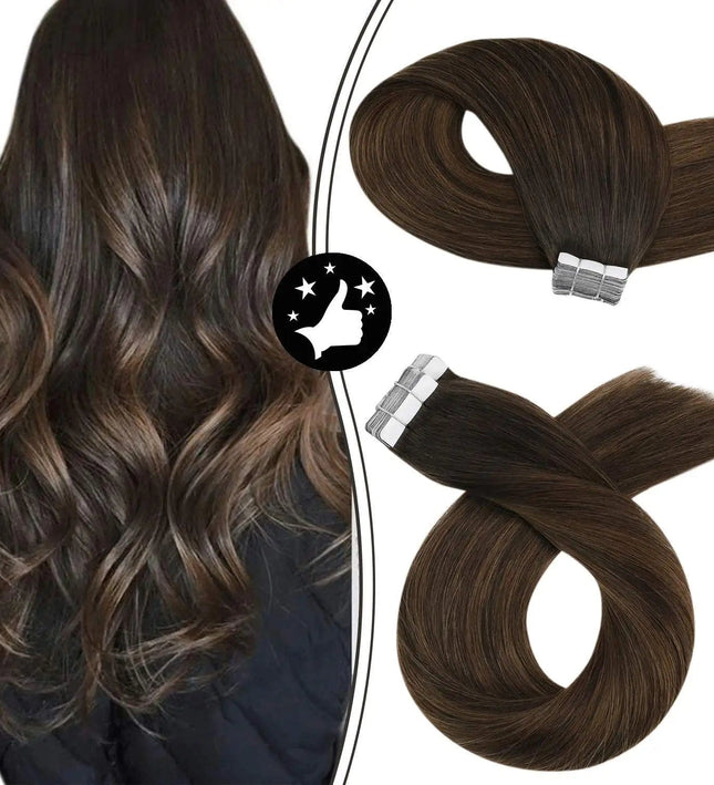 Extensions de cheveux naturels adhésives lisses et longues en couleur brun chocolat brillant