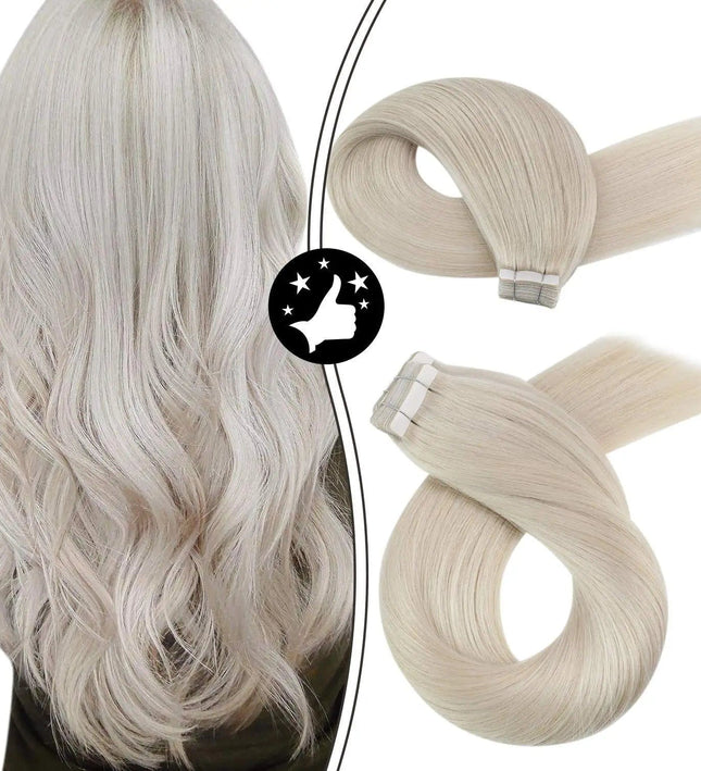 Extensions adhésives blond platine en cheveux naturels lisses pour ajouter de la longueur