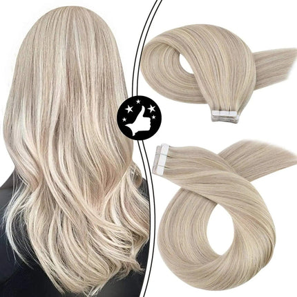 Extensions de cheveux naturels adhésives longues et raides en blond clair élégant.