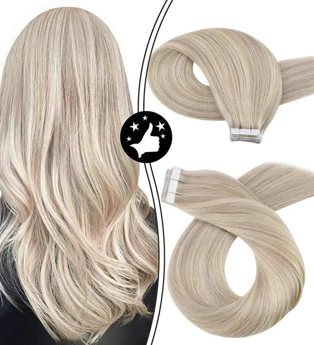 Extensions de cheveux naturels adhésives longues et raides en blond clair élégant.