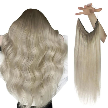 Extension cheveux longs ondulés couleur blond cendré avec fil invisible pour look naturel