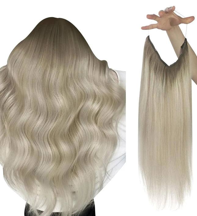 Extension cheveux longs ondulés couleur blond cendré avec fil invisible pour look naturel