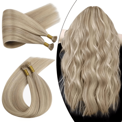 Extensions de cheveux naturels raides en kératine blond clair pour un look sophistiqué et chic