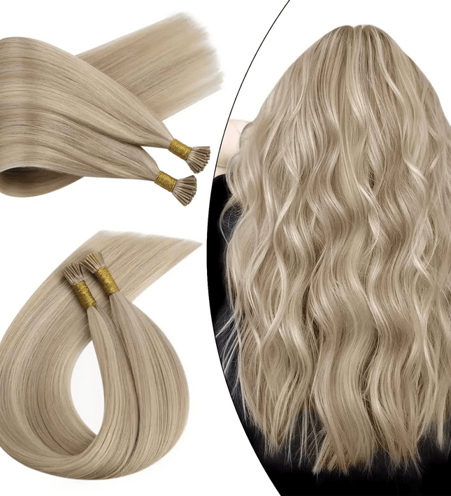 Extensions de cheveux naturels raides en kératine blond clair pour un look sophistiqué et chic