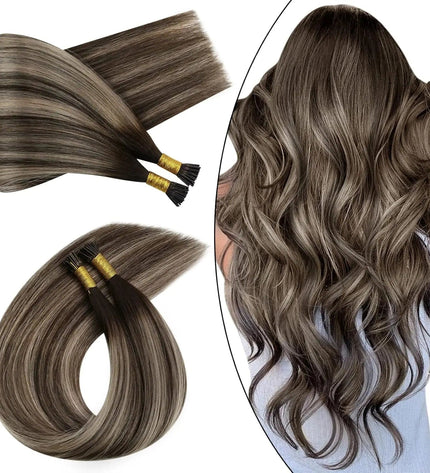 Extensions de cheveux naturels raides en keratine brun-ombre pour un look sophistiqué