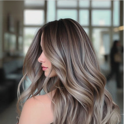 Extensions de cheveux longs ondulés balayage naturel en couleur brun cendré lumineux