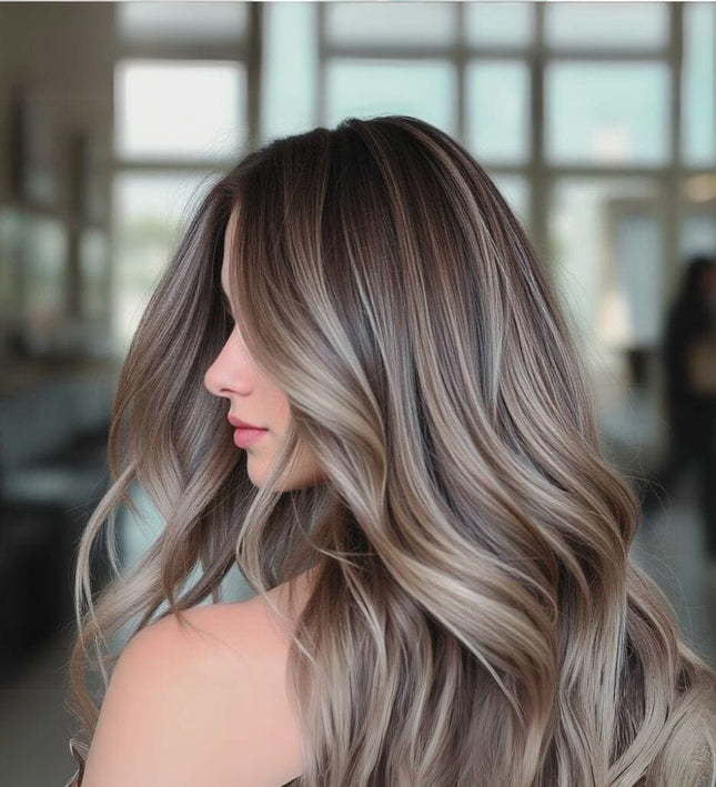 Extensions de cheveux longs ondulés balayage naturel en couleur brun cendré lumineux