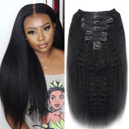 Extensions de cheveux noirs longs et naturels à clipser pour un look élégant et volumineux.