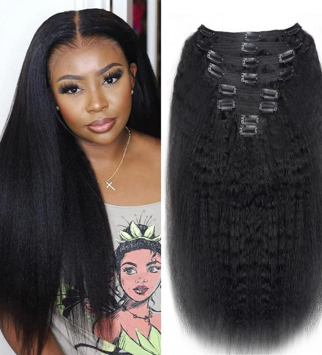 Extensions de cheveux noirs longs et naturels à clipser pour un look élégant et volumineux.