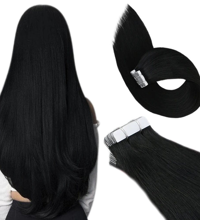 Extensions longues à bandes adhésives pour cheveux lisses noir profond et naturel