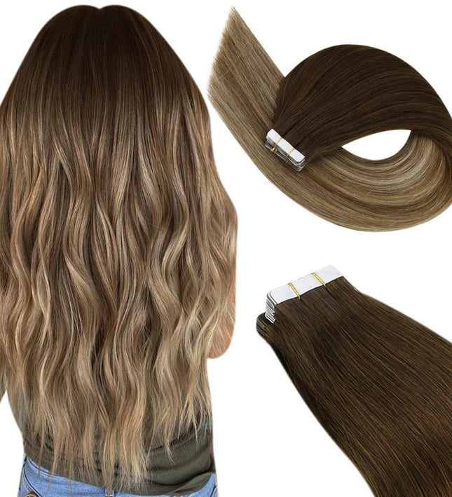 Extensions de cheveux adhésives longues, ondulées et naturelles couleur brun caramel.