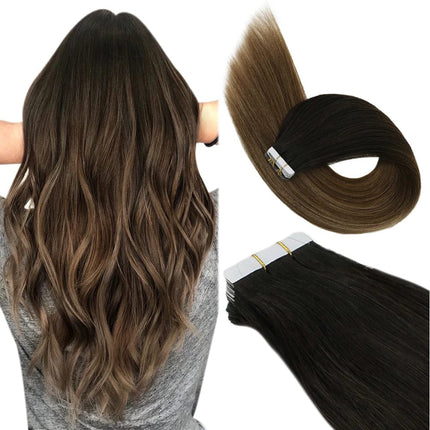 Extensions de cheveux adhésives longues et naturelles en brun pour un look élégant et fluide