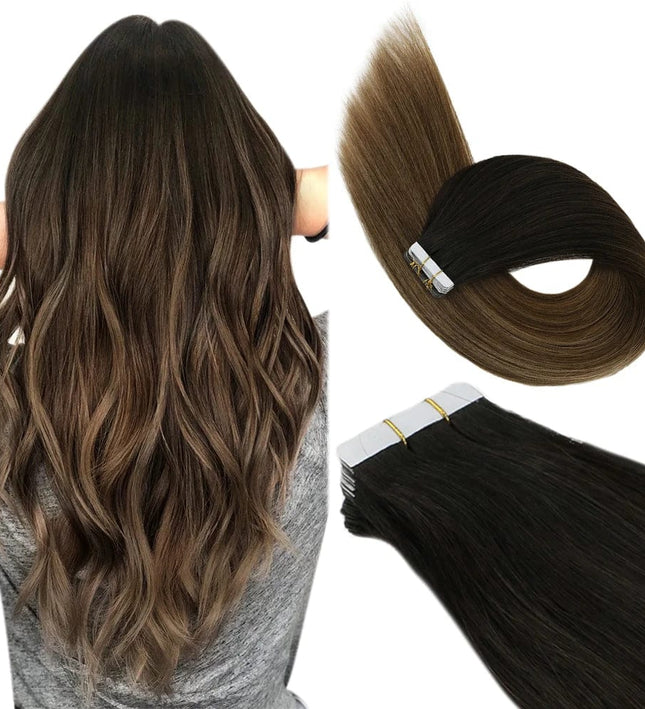 Extensions de cheveux adhésives longues et naturelles en brun pour un look élégant et fluide